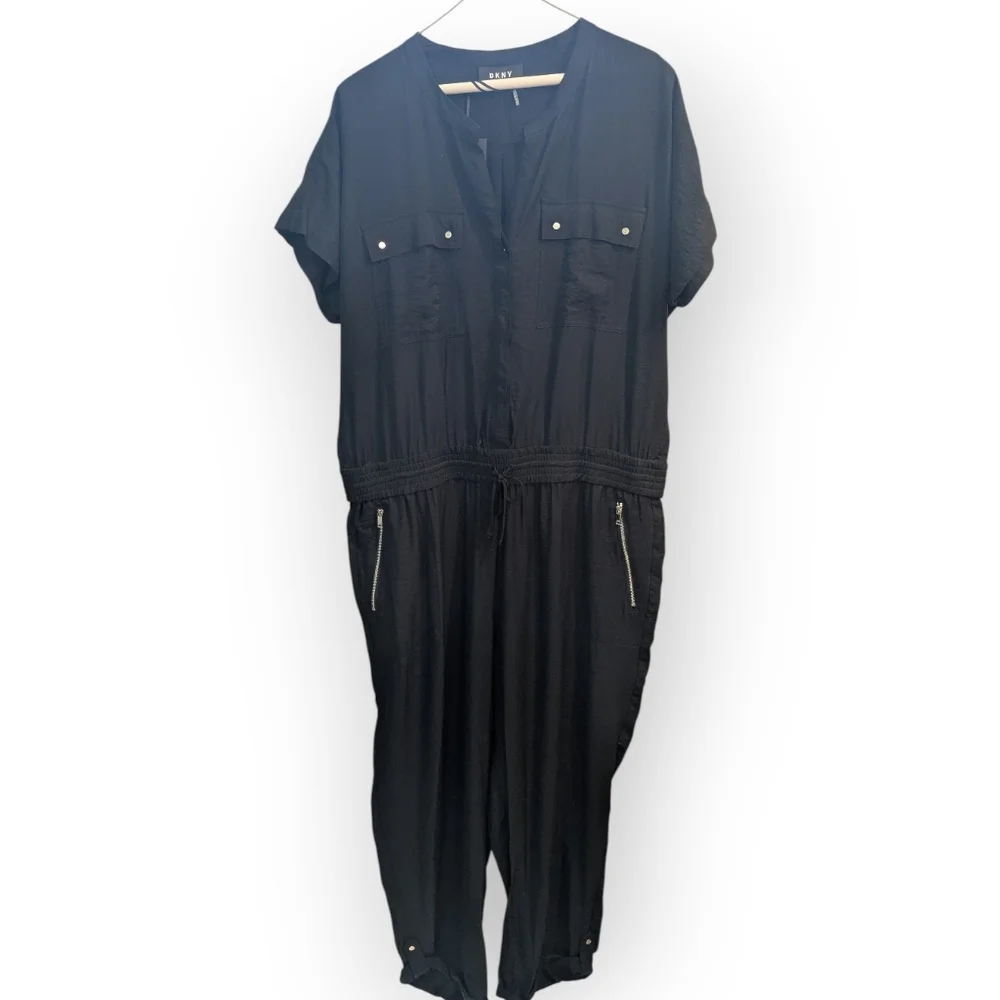 DKNY Black V-Neck Button Down Short Sleeve Rolled Ankle Hem Jumpsuit Women's XL